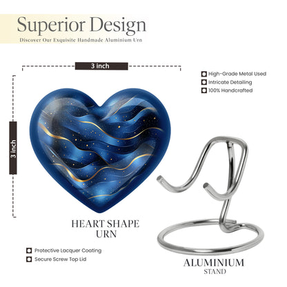 Dusty Blue Blue Cremation Urn front view showing detailed design - heart-shaped blue design symbolizing eternal love - mini keepsake memorial for portion of cremation ashes