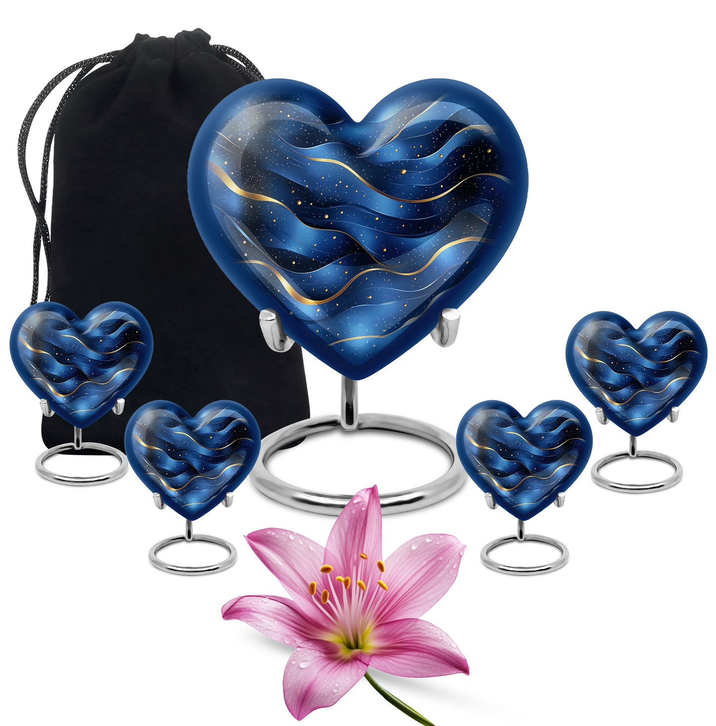 Cornflower Blue Blue Cremation Urn close-up of engraving and surface detail - compassionate heart-blue combination with gentle curves - memorial set with one large and four small urns