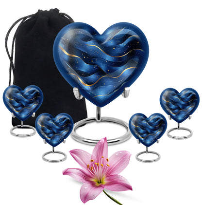 Cornflower Blue Blue Cremation Urn close-up of engraving and surface detail - compassionate heart-blue combination with gentle curves - memorial set with one large and four small urns