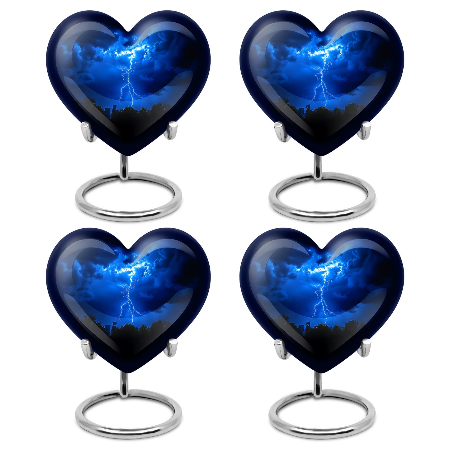 Serene Blue Blue Cremation Urn angled view of lid and engraved motif - romantic heart urn with blue motif on aluminum - 10 inch aluminum urn for cremated remains