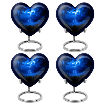 Serene Blue Blue Cremation Urn angled view of lid and engraved motif - romantic heart urn with blue motif on aluminum - 10 inch aluminum urn for cremated remains