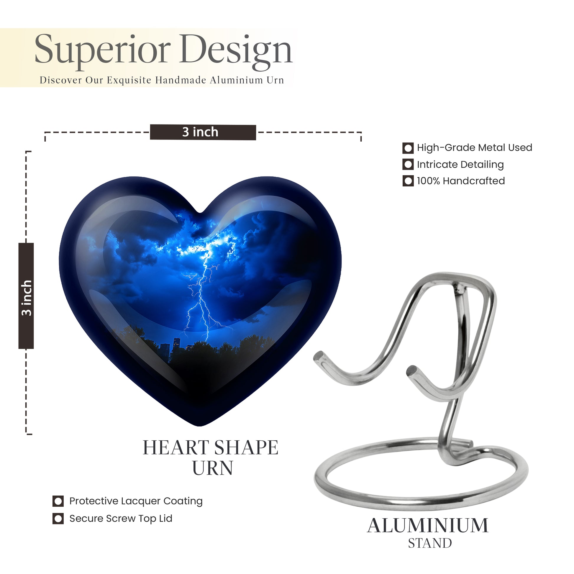 Celestial Blue Blue Cremation Urn front view showing detailed design - heart-shaped blue design symbolizing eternal love - mini keepsake memorial for portion of cremation ashes
