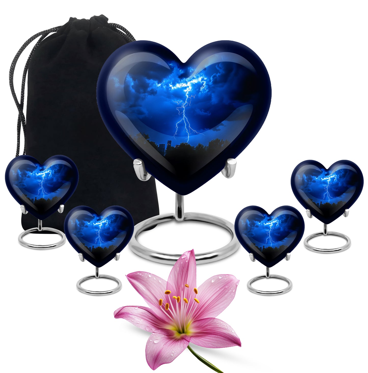 Azure Blue Cremation Urn close-up of engraving and surface detail - heart-shaped blue design symbolizing eternal love - memorial set with one large and four small urns