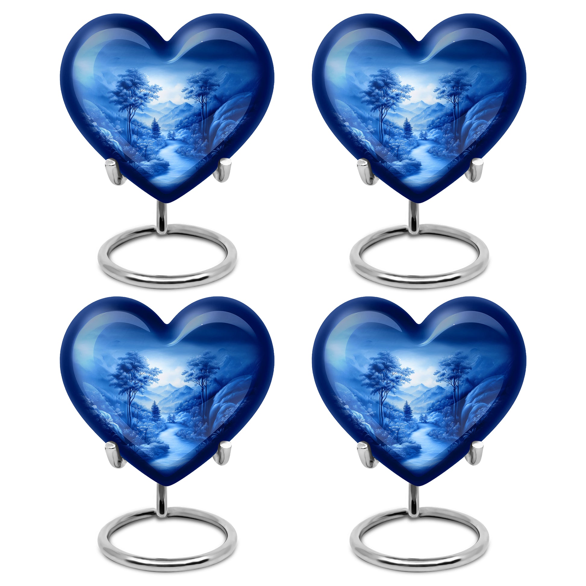 Slate Blue Blue Cremation Urn angled view of lid and engraved motif - loving heart memorial featuring blue pattern - 10 inch aluminum urn for cremated remains