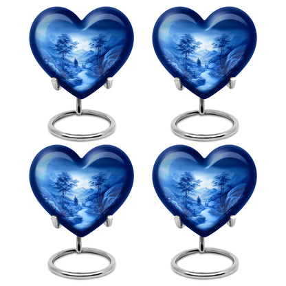 Slate Blue Blue Cremation Urn angled view of lid and engraved motif - loving heart memorial featuring blue pattern - 10 inch aluminum urn for cremated remains