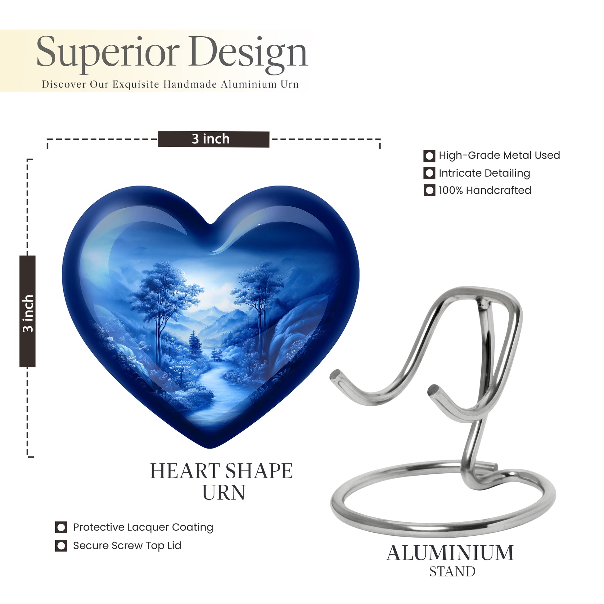 Soft Blue Blue Cremation Urn front view showing detailed design - romantic heart urn with blue motif on aluminum - mini keepsake memorial for portion of cremation ashes