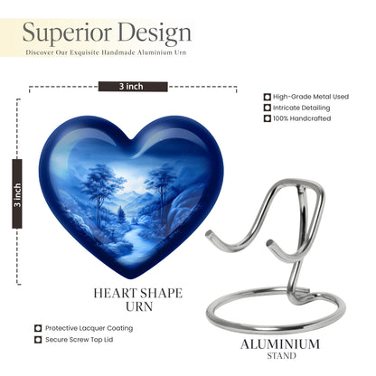 Soft Blue Blue Cremation Urn front view showing detailed design - romantic heart urn with blue motif on aluminum - mini keepsake memorial for portion of cremation ashes