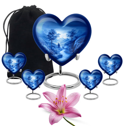 Indigo Blue Cremation Urn close-up of engraving and surface detail - loving heart memorial featuring blue pattern - memorial set with one large and four small urns