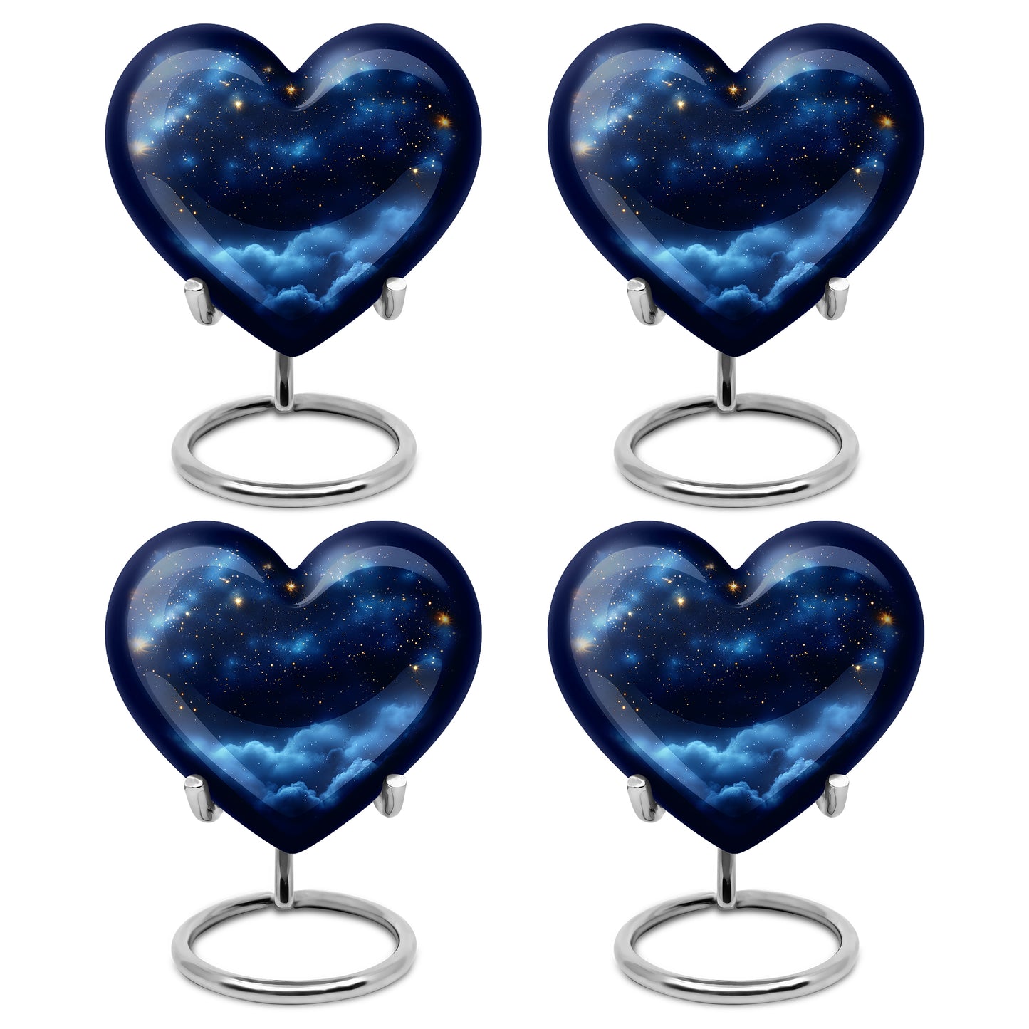 Misty Blue Blue Cremation Urn angled view of lid and engraved motif - heart-shaped blue design symbolizing eternal love - 10 inch aluminum urn for cremated remains