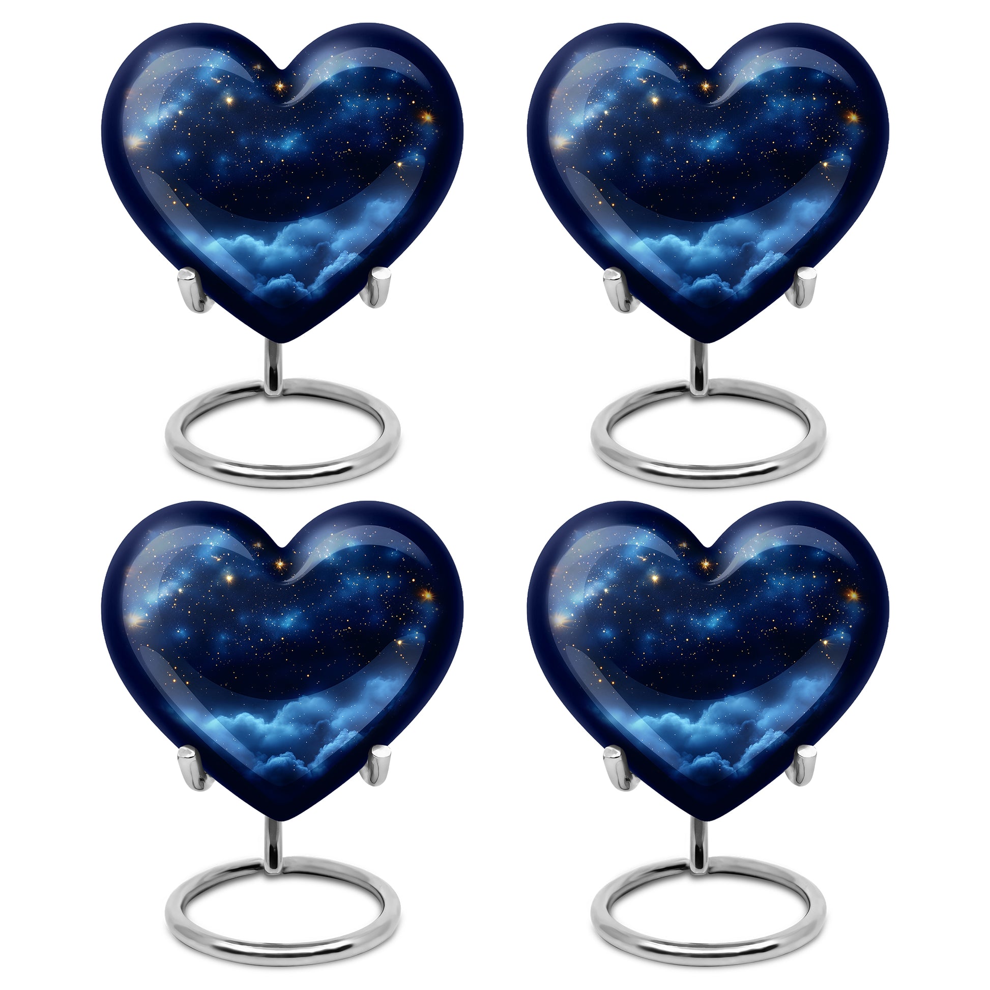 Misty Blue Blue Cremation Urn angled view of lid and engraved motif - heart-shaped blue design symbolizing eternal love - 10 inch aluminum urn for cremated remains