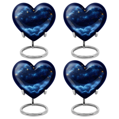 Misty Blue Blue Cremation Urn angled view of lid and engraved motif - heart-shaped blue design symbolizing eternal love - 10 inch aluminum urn for cremated remains