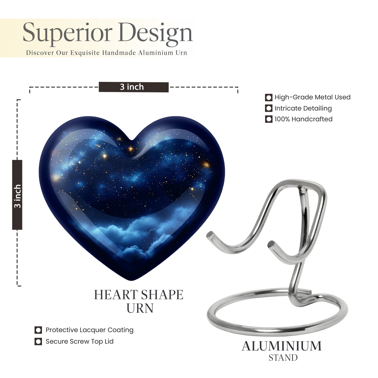 Sky Blue Blue Cremation Urn front view showing detailed design - heart-shaped blue design symbolizing eternal love - mini keepsake memorial for portion of cremation ashes