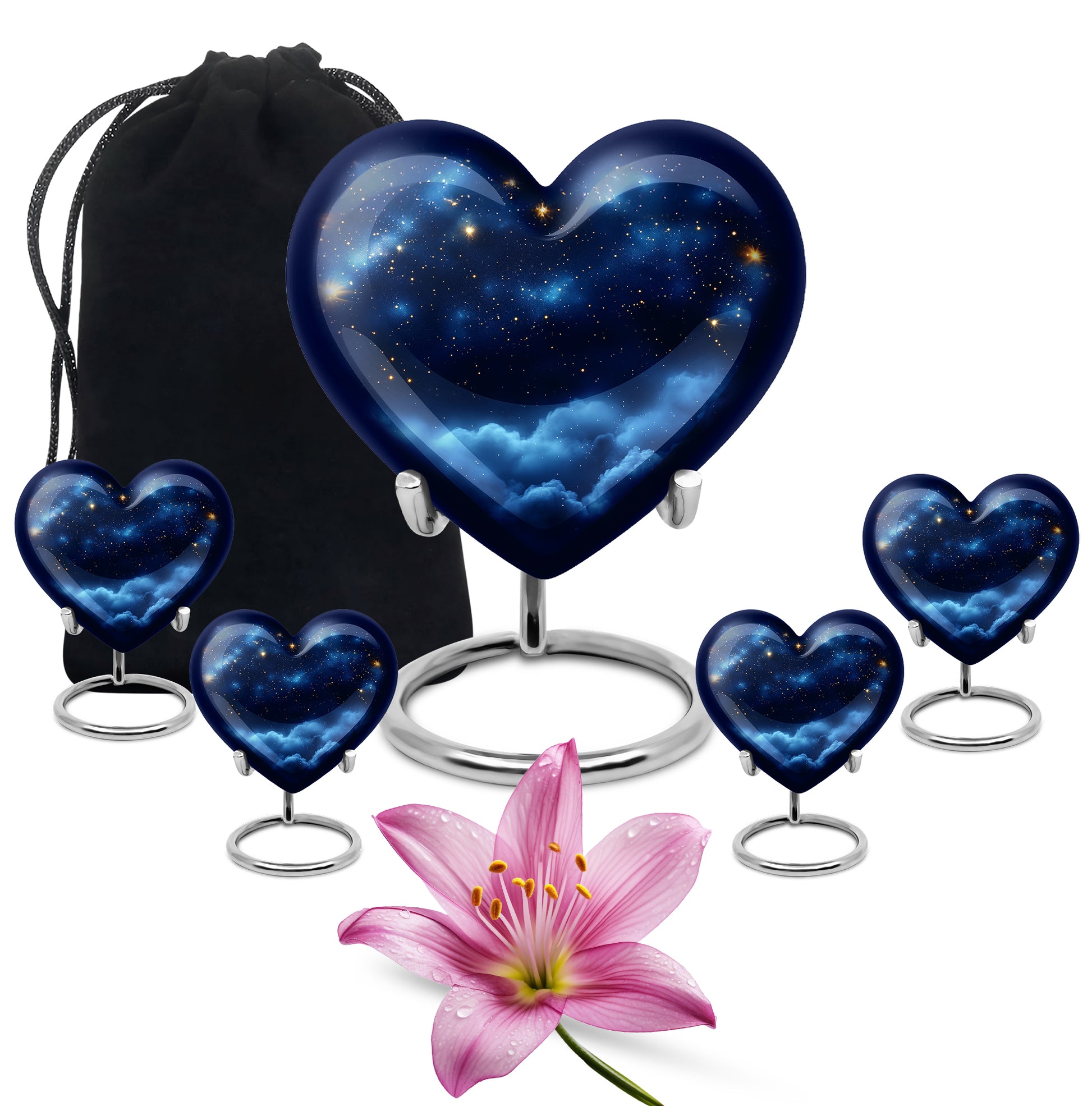 Vivid Blue Blue Cremation Urn close-up of engraving and surface detail - romantic heart urn with blue motif on aluminum - memorial set with one large and four small urns