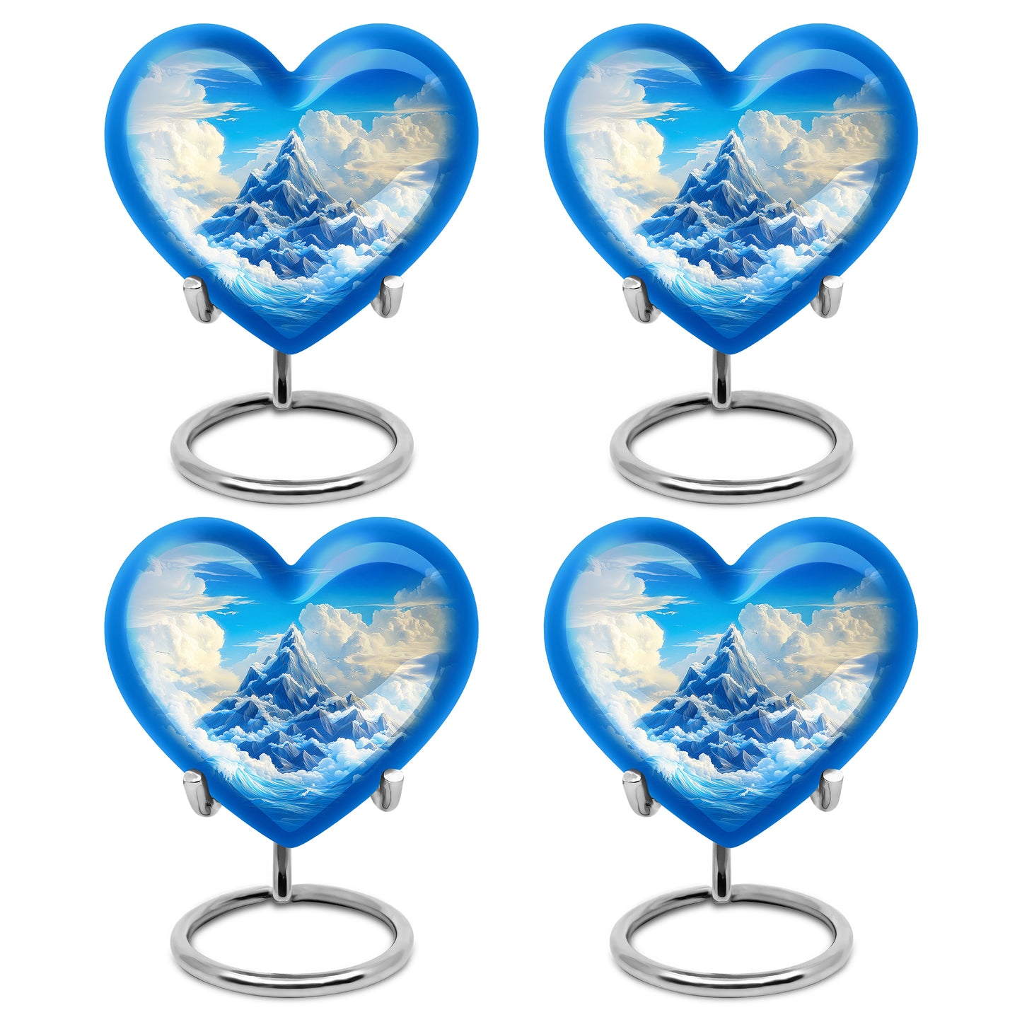 Bright Blue Blue Cremation Urn angled view of lid and engraved motif - compassionate heart-blue combination with gentle curves - 10 inch aluminum urn for cremated remains