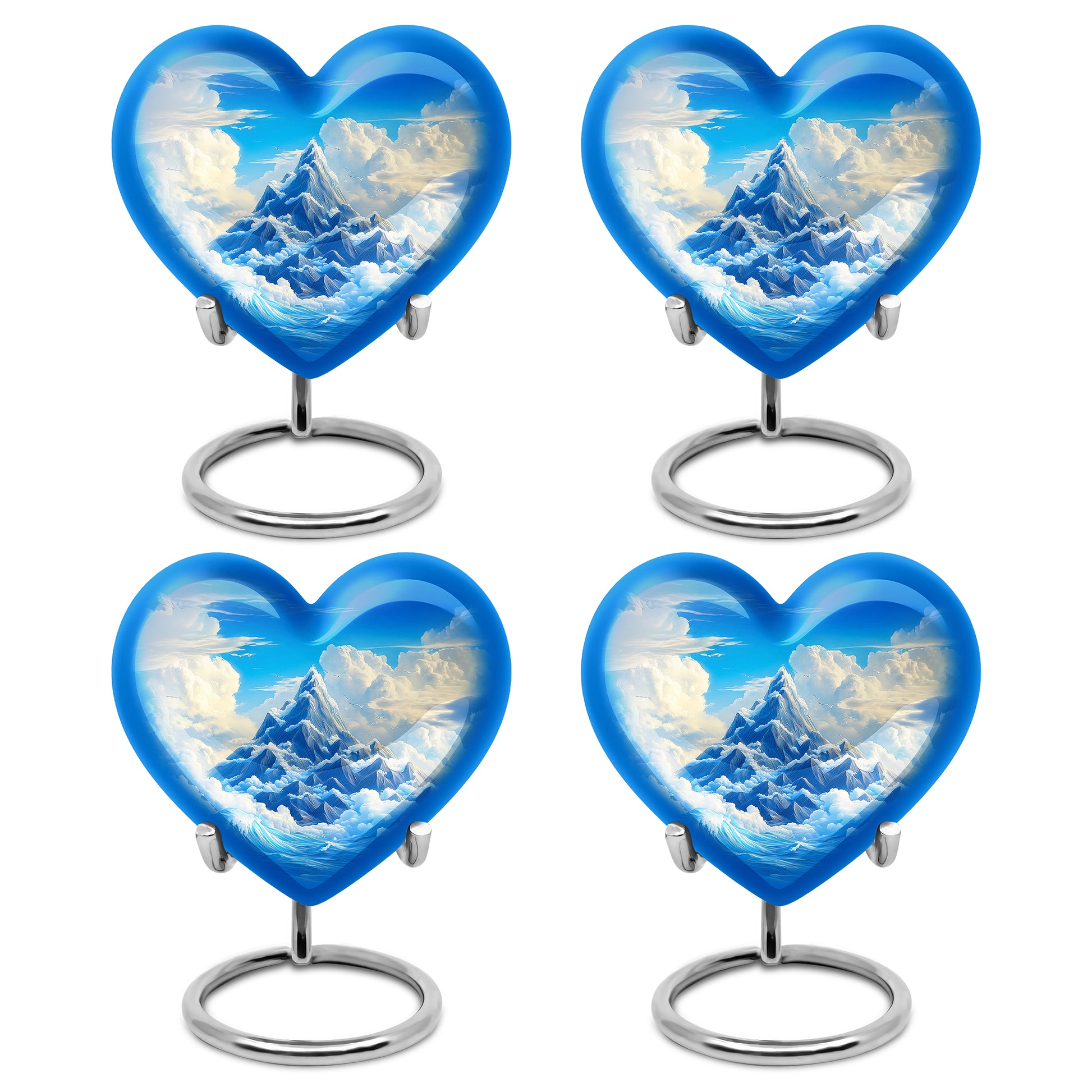 Bright Blue Blue Cremation Urn angled view of lid and engraved motif - compassionate heart-blue combination with gentle curves - 10 inch aluminum urn for cremated remains