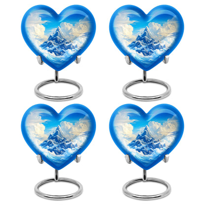 Bright Blue Blue Cremation Urn angled view of lid and engraved motif - compassionate heart-blue combination with gentle curves - 10 inch aluminum urn for cremated remains