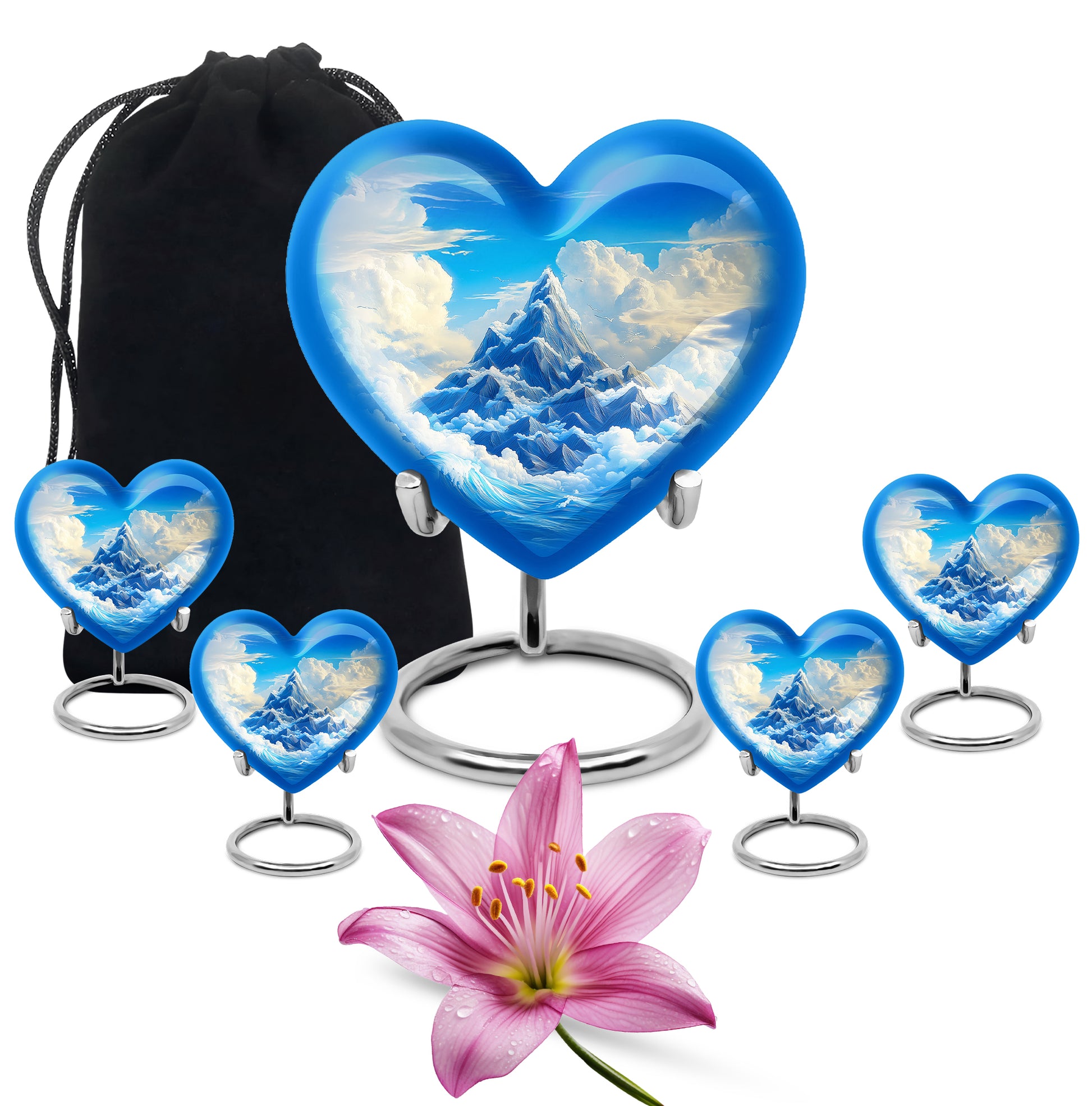 Pastel Blue Blue Cremation Urn close-up of engraving and surface detail - loving heart memorial featuring blue pattern - memorial set with one large and four small urns