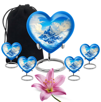 Pastel Blue Blue Cremation Urn close-up of engraving and surface detail - loving heart memorial featuring blue pattern - memorial set with one large and four small urns
