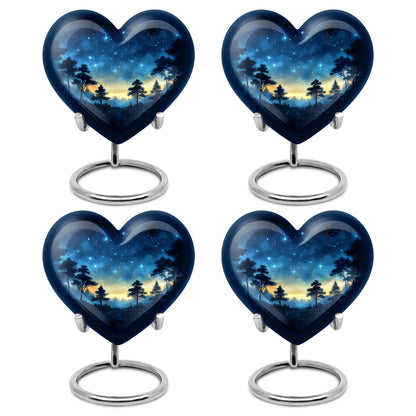 Serene Blue Blue Cremation Urn angled view of lid and engraved motif - romantic heart urn with blue motif on aluminum - 10 inch aluminum urn for cremated remains