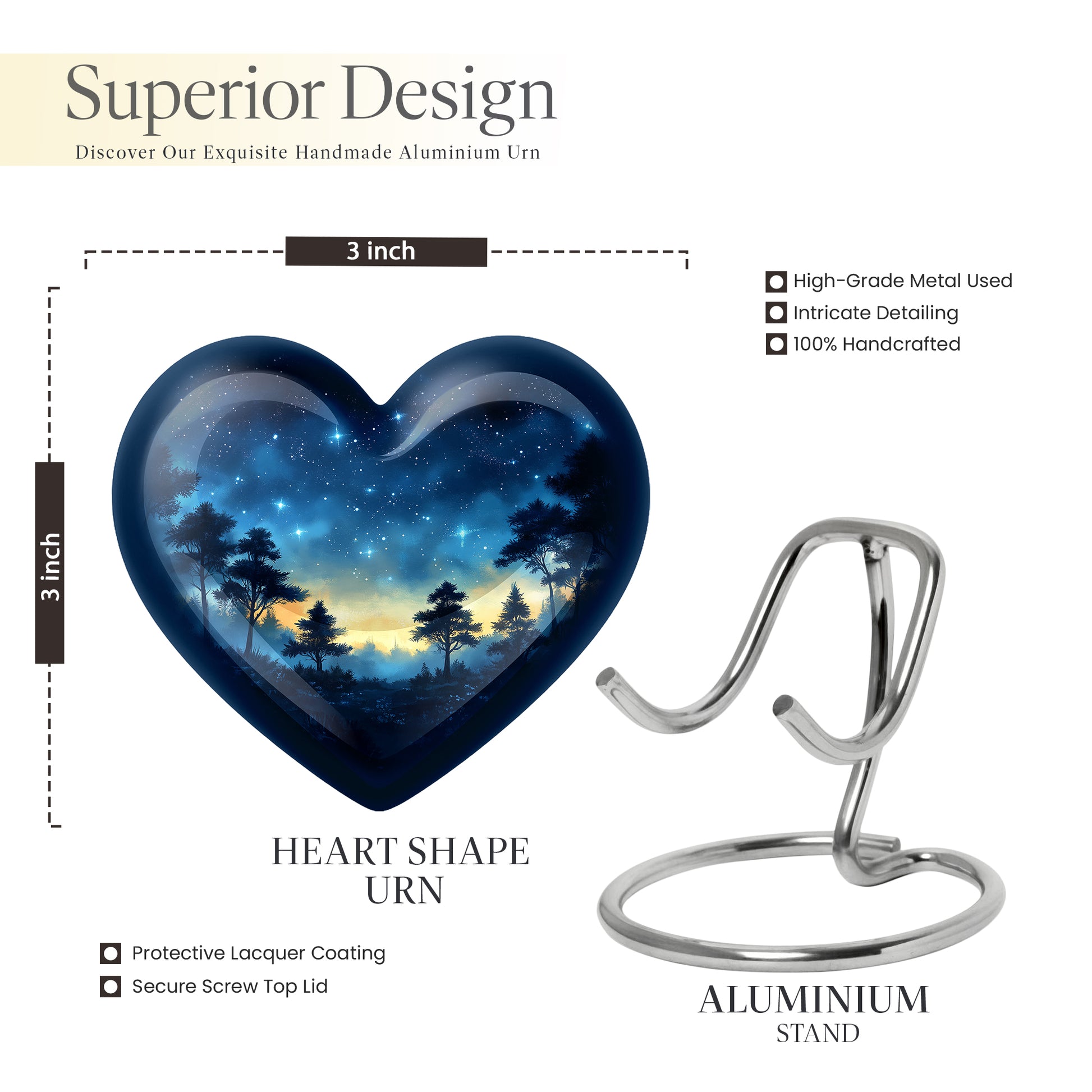 Bright Blue Blue Cremation Urn front view showing detailed design - romantic heart urn with blue motif on aluminum - mini keepsake memorial for portion of cremation ashes