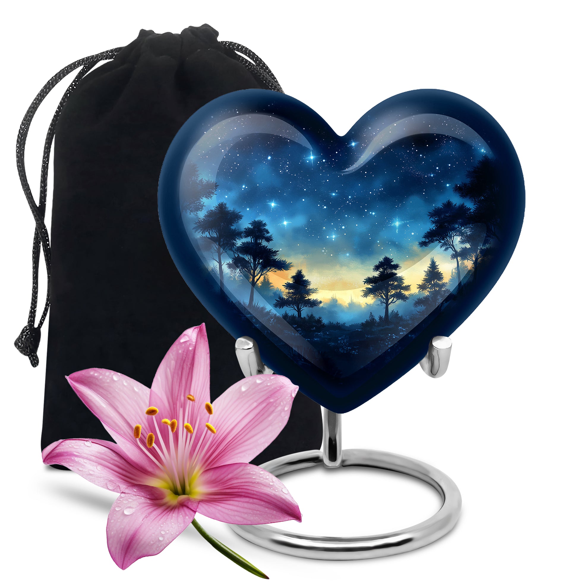 Cobalt Blue Blue Cremation Urn detail view - romantic heart urn with blue motif on aluminum - full-size 10 inch 200 cubic inch adult cremation urn