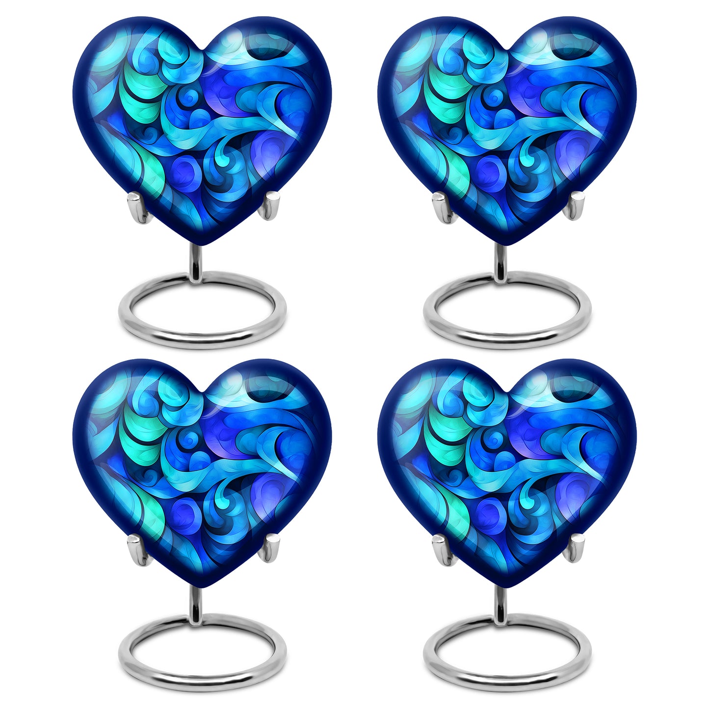 Soft Blue Blue Cremation Urn angled view of lid and engraved motif - compassionate heart-blue combination with gentle curves - 10 inch aluminum urn for cremated remains