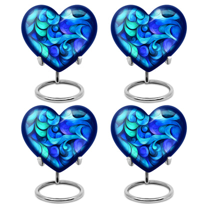Soft Blue Blue Cremation Urn angled view of lid and engraved motif - compassionate heart-blue combination with gentle curves - 10 inch aluminum urn for cremated remains