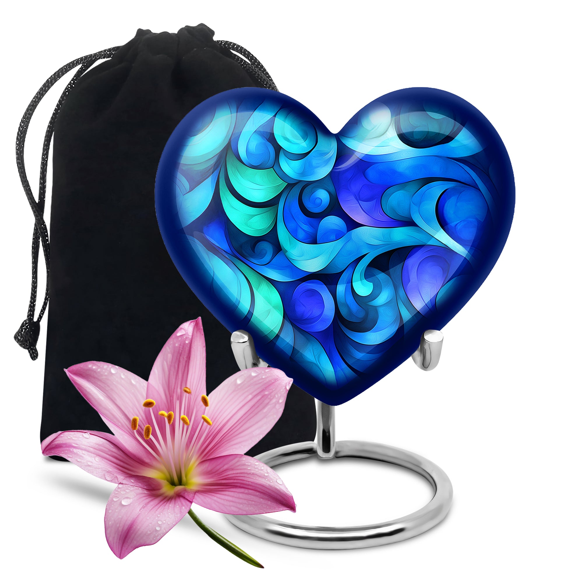 Sky Blue Blue Cremation Urn detail view - loving heart memorial featuring blue pattern - full-size 10 inch 200 cubic inch adult cremation urn
