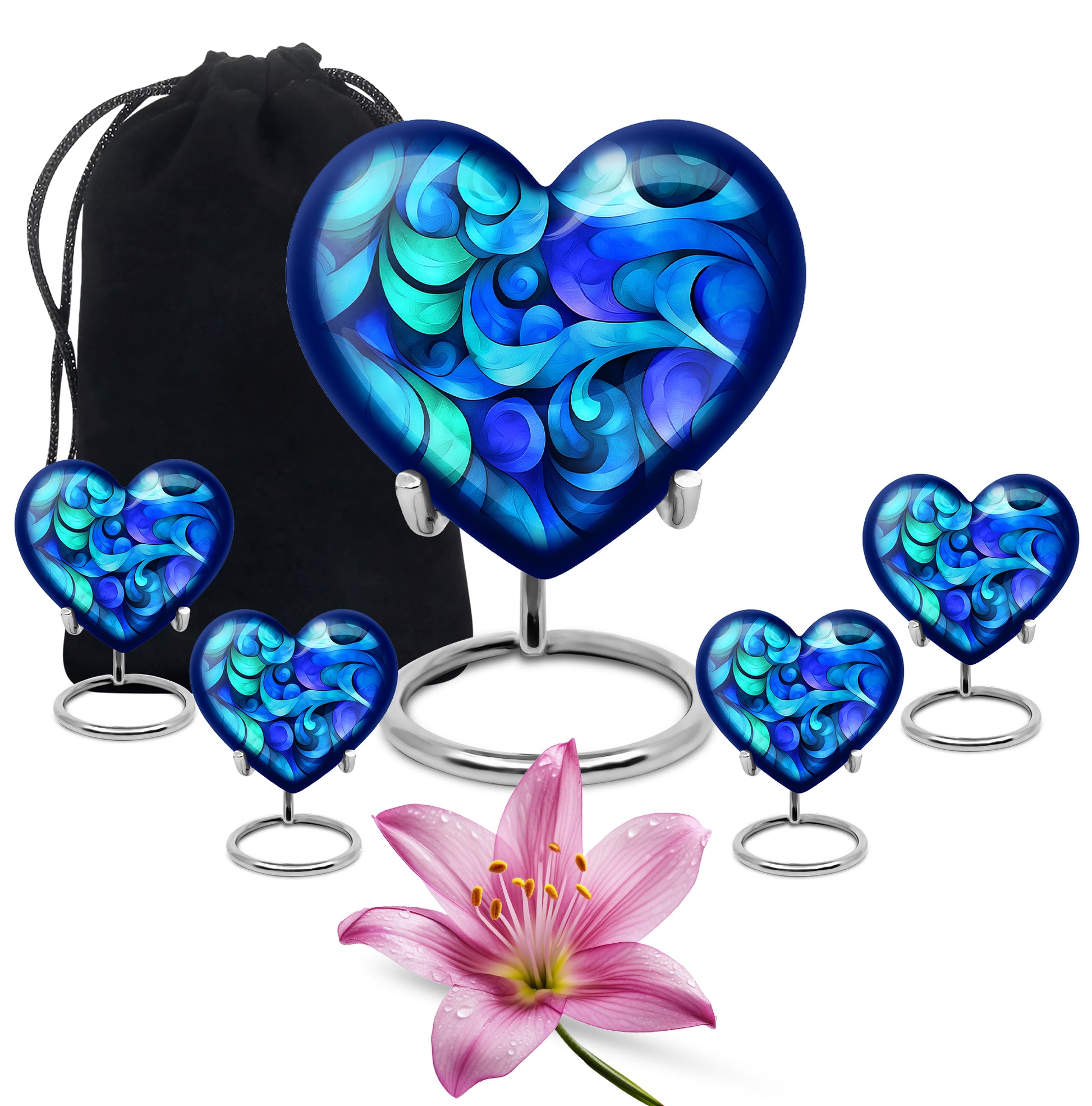 Slate Blue Blue Cremation Urn close-up of engraving and surface detail - loving heart memorial featuring blue pattern - memorial set with one large and four small urns
