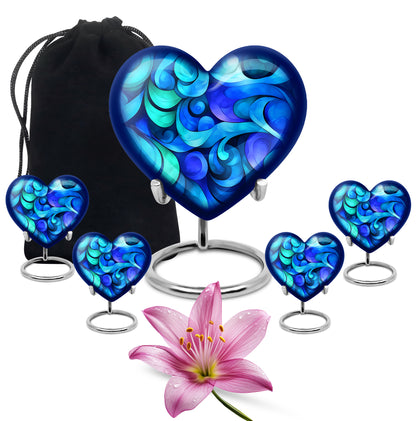 Slate Blue Blue Cremation Urn close-up of engraving and surface detail - loving heart memorial featuring blue pattern - memorial set with one large and four small urns