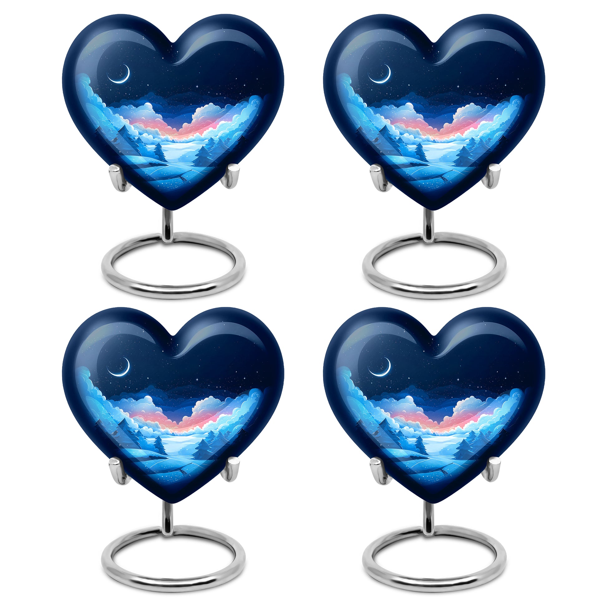 Dusty Blue Blue Cremation Urn angled view of lid and engraved motif - loving heart memorial featuring blue pattern - 10 inch aluminum urn for cremated remains