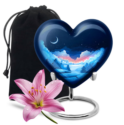 Azure Blue Cremation Urn detail view - loving heart memorial featuring blue pattern - full-size 10 inch 200 cubic inch adult cremation urn