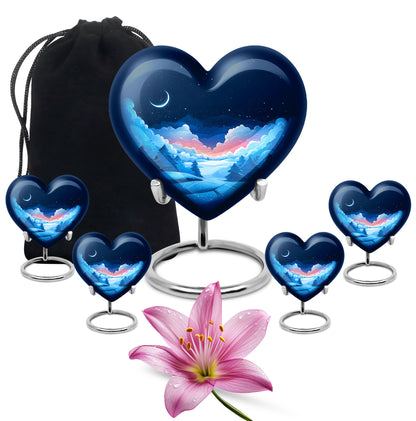 Indigo Blue Cremation Urn close-up of engraving and surface detail - loving heart memorial featuring blue pattern - memorial set with one large and four small urns