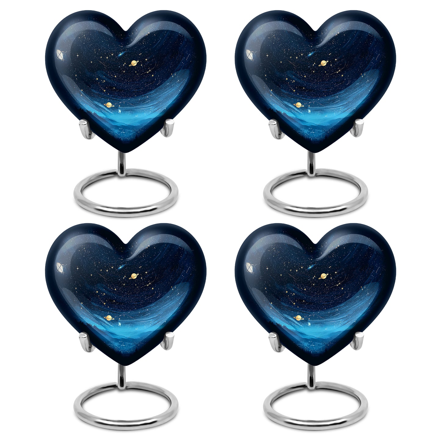 Obsidian Black Blue Cremation Urn angled view of lid and engraved motif - romantic heart urn with blue motif on aluminum - 10 inch aluminum urn for cremated remains