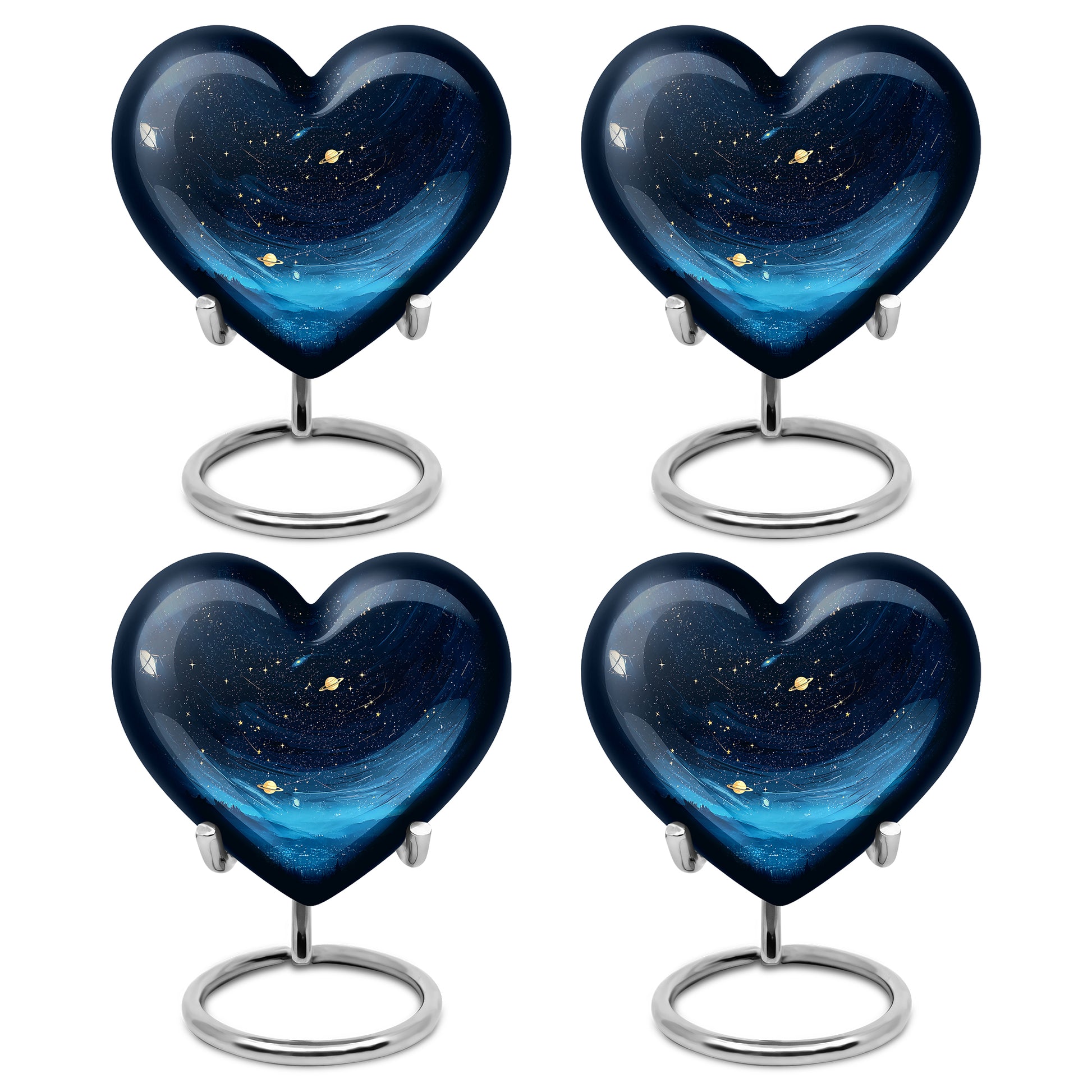 Obsidian Black Blue Cremation Urn angled view of lid and engraved motif - romantic heart urn with blue motif on aluminum - 10 inch aluminum urn for cremated remains