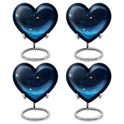 Obsidian Black Blue Cremation Urn angled view of lid and engraved motif - romantic heart urn with blue motif on aluminum - 10 inch aluminum urn for cremated remains