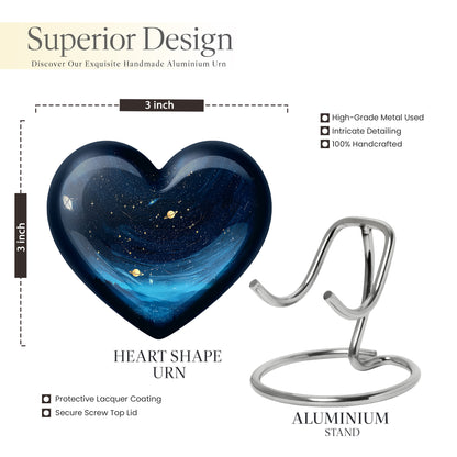 Ebony Blue Cremation Urn front view showing detailed design - heart-shaped blue design symbolizing eternal love - mini keepsake memorial for portion of cremation ashes