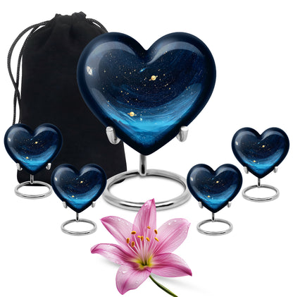 Obsidian Black Blue Cremation Urn close-up of engraving and surface detail - romantic heart urn with blue motif on aluminum - memorial set with one large and four small urns