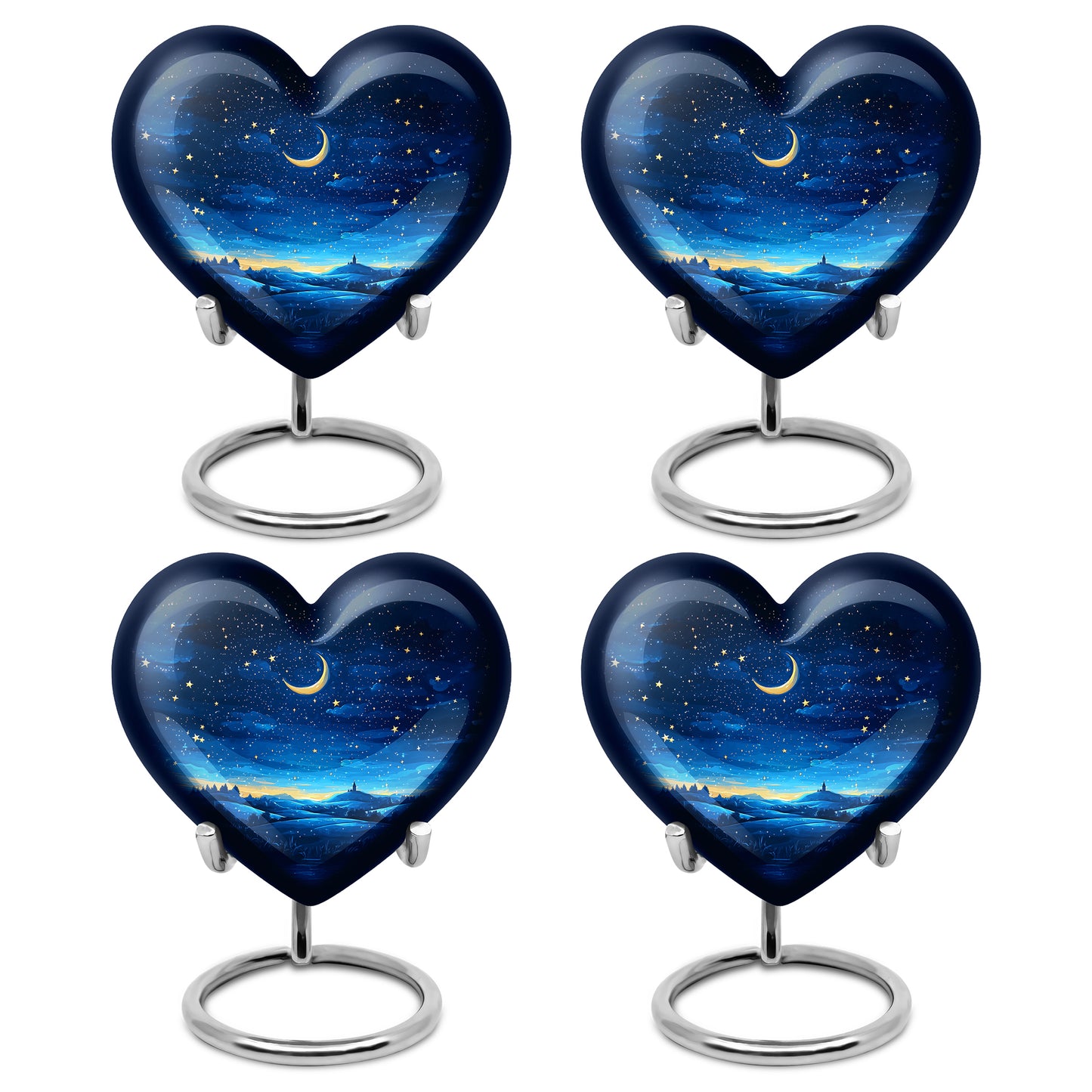Bright Blue Blue Cremation Urn angled view of lid and engraved motif - romantic heart urn with blue motif on aluminum - 10 inch aluminum urn for cremated remains