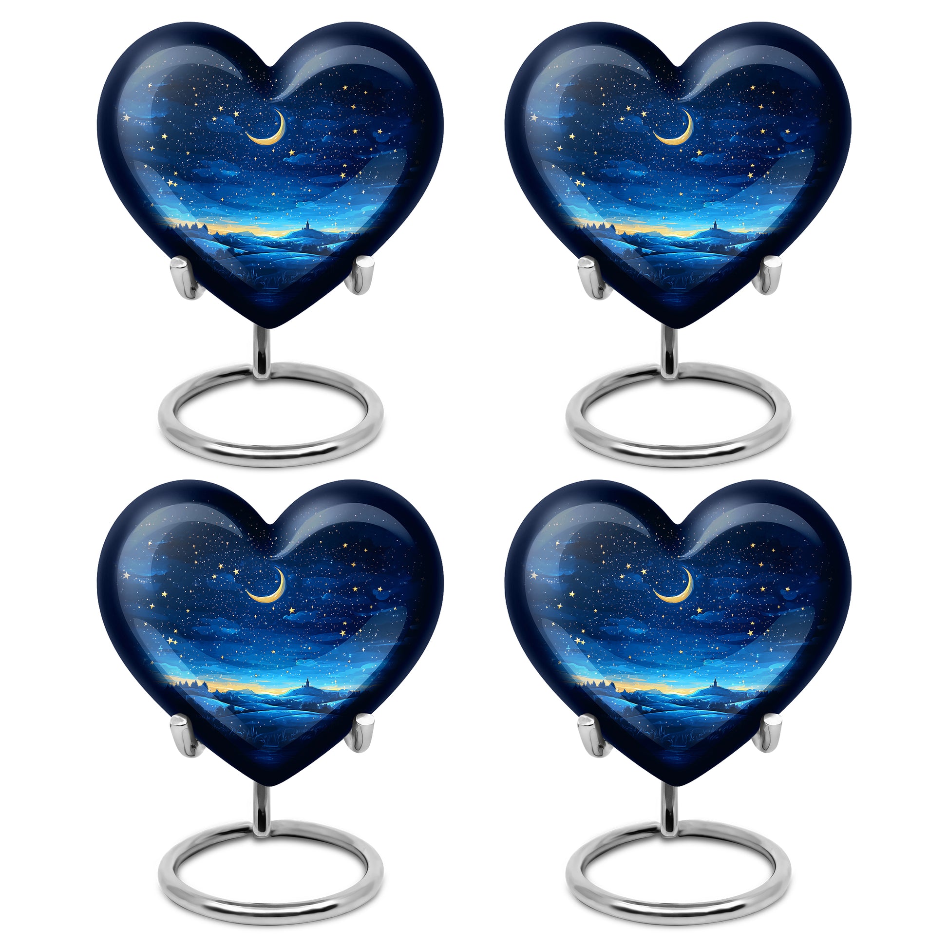 Bright Blue Blue Cremation Urn angled view of lid and engraved motif - romantic heart urn with blue motif on aluminum - 10 inch aluminum urn for cremated remains
