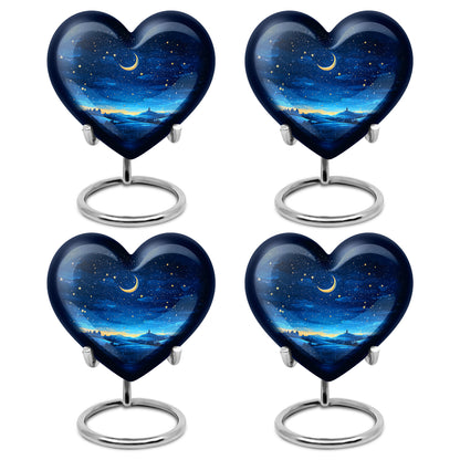 Bright Blue Blue Cremation Urn angled view of lid and engraved motif - romantic heart urn with blue motif on aluminum - 10 inch aluminum urn for cremated remains
