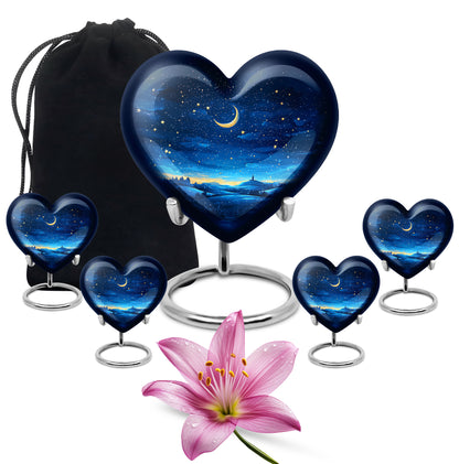 Calming Blue Blue Cremation Urn close-up of engraving and surface detail - compassionate heart-blue combination with gentle curves - memorial set with one large and four small urns