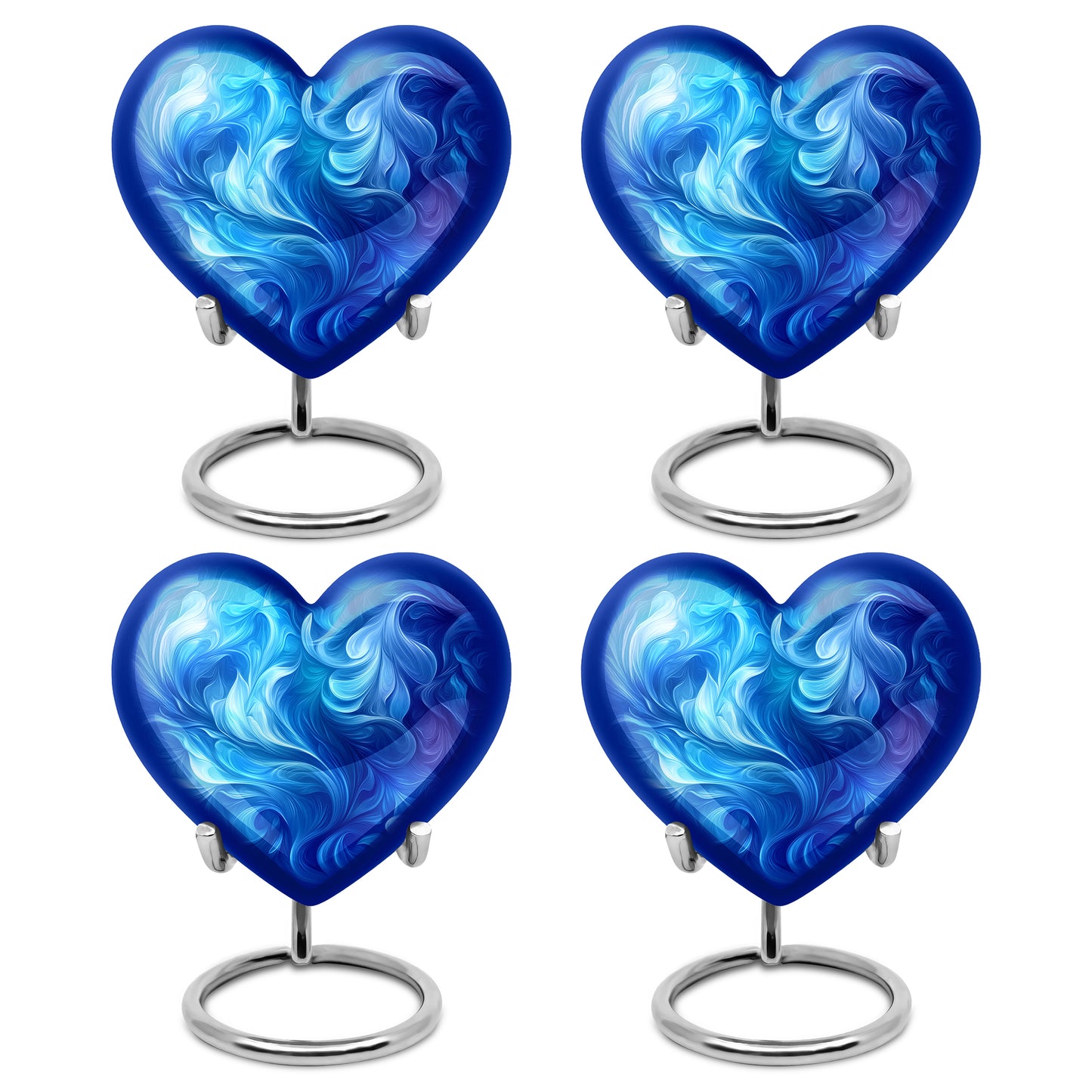 Serene Blue Blue Cremation Urn angled view of lid and engraved motif - compassionate heart-blue combination with gentle curves - 10 inch aluminum urn for cremated remains