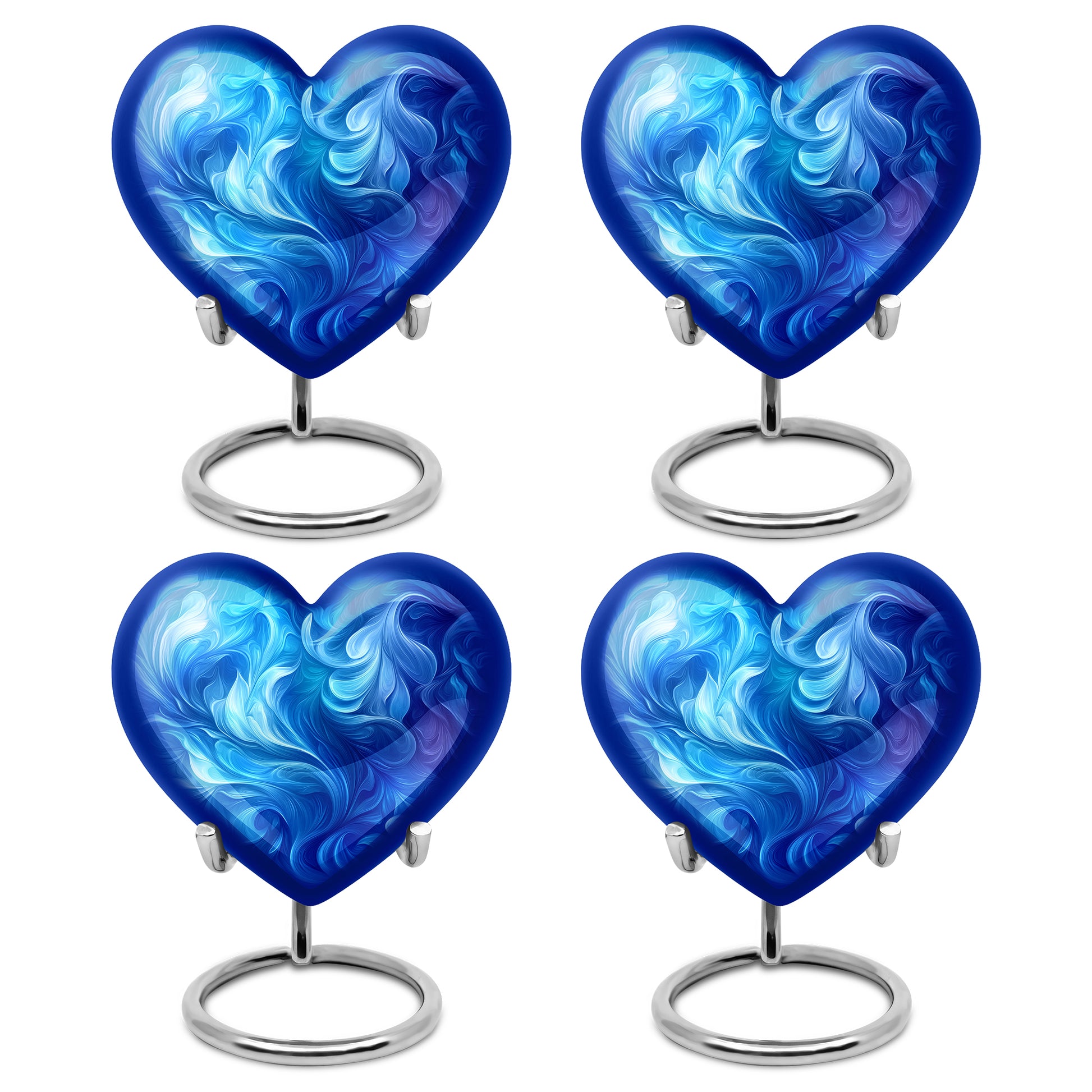 Serene Blue Blue Cremation Urn angled view of lid and engraved motif - compassionate heart-blue combination with gentle curves - 10 inch aluminum urn for cremated remains