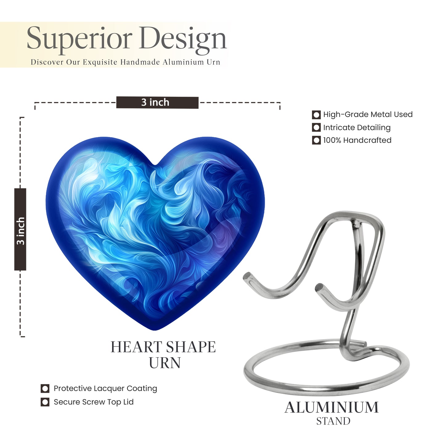 Dusty Blue Blue Cremation Urn front view showing detailed design - heart-shaped blue design symbolizing eternal love - mini keepsake memorial for portion of cremation ashes