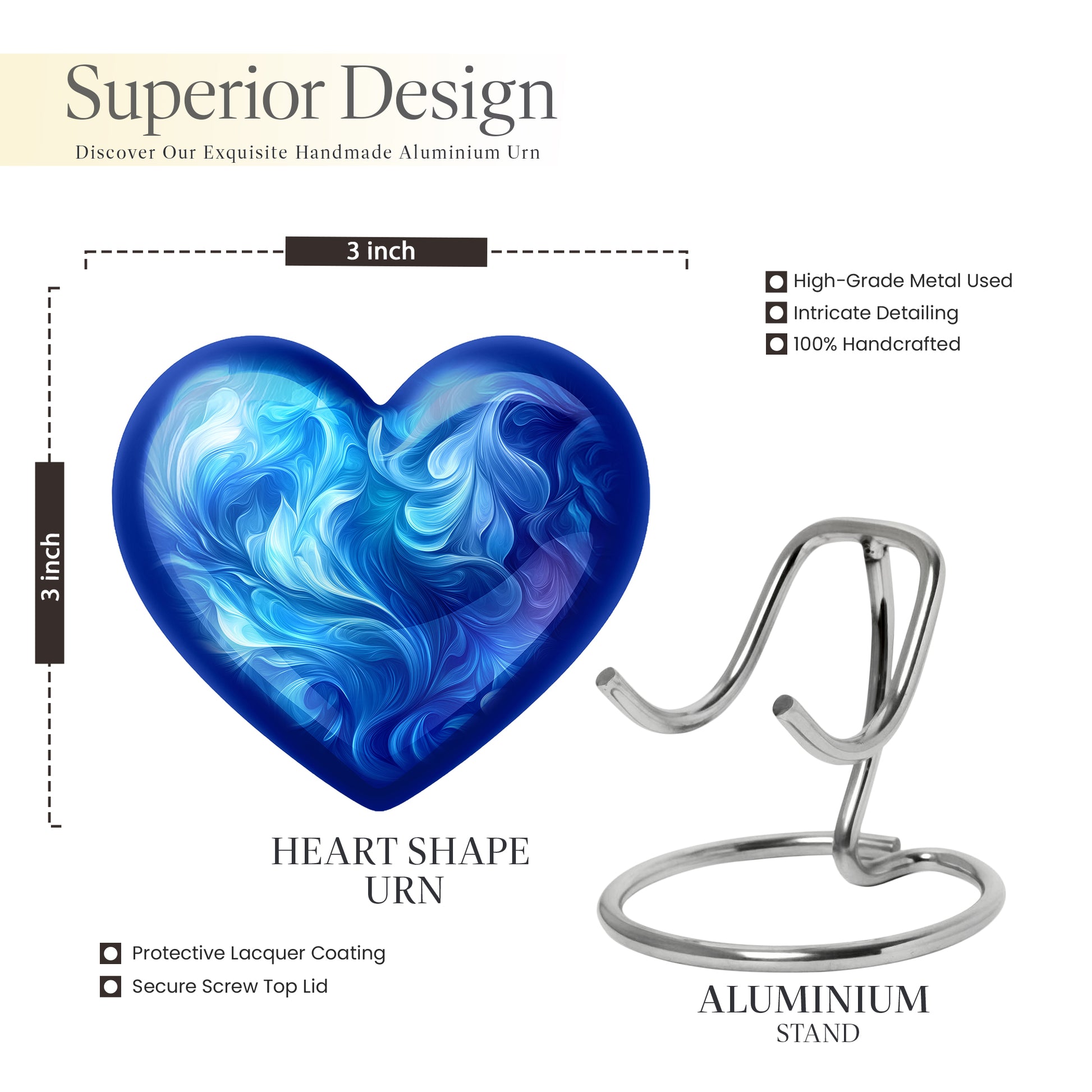Dusty Blue Blue Cremation Urn front view showing detailed design - heart-shaped blue design symbolizing eternal love - mini keepsake memorial for portion of cremation ashes