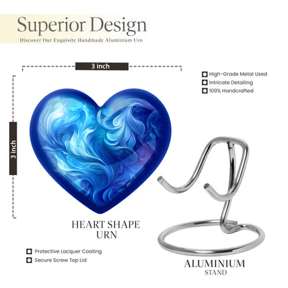 Dusty Blue Blue Cremation Urn front view showing detailed design - heart-shaped blue design symbolizing eternal love - mini keepsake memorial for portion of cremation ashes