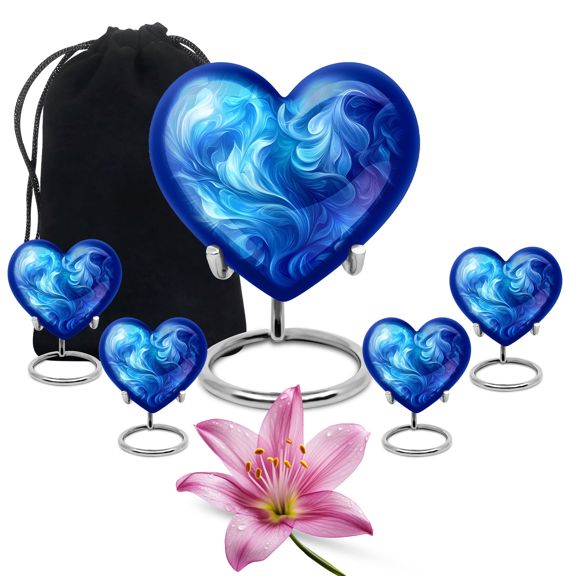 Powder Blue Blue Cremation Urn close-up of engraving and surface detail - loving heart memorial featuring blue pattern - memorial set with one large and four small urns
