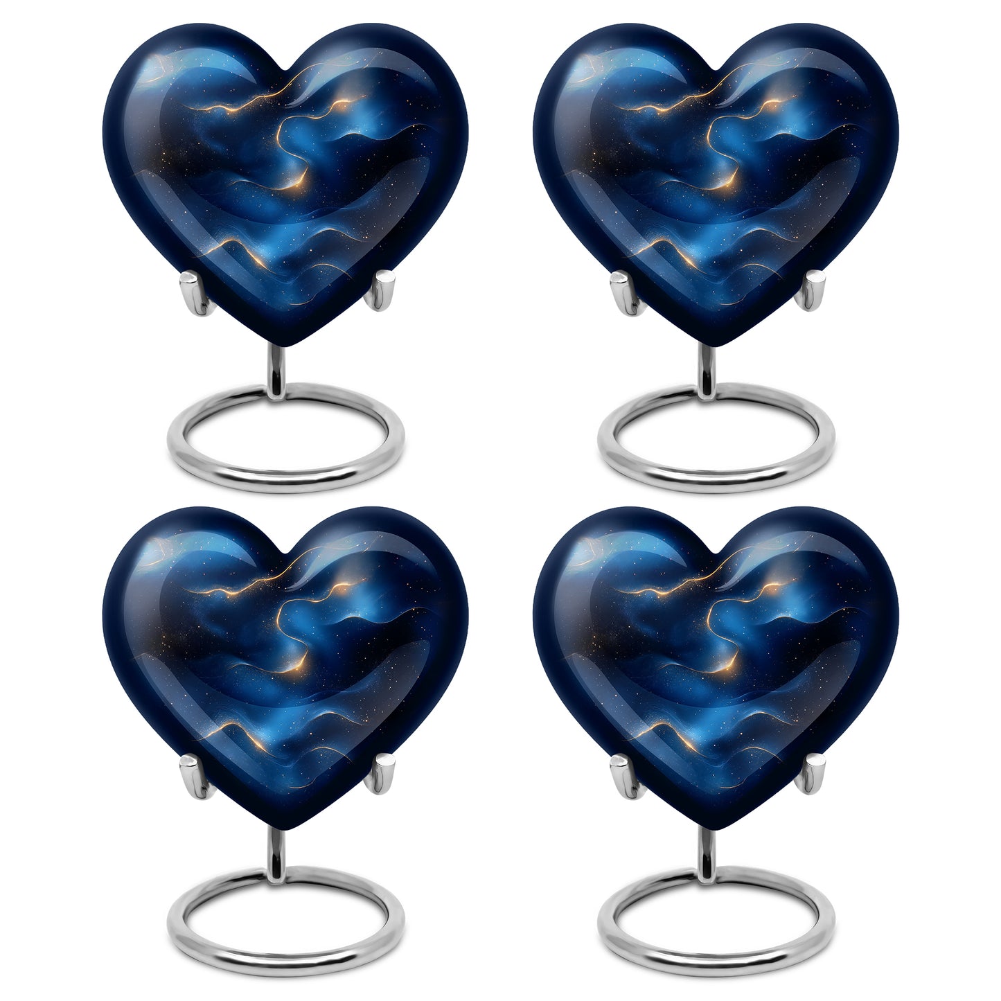 Sapphire Blue Blue Cremation Urn angled view of lid and engraved motif - compassionate heart-blue combination with gentle curves - 10 inch aluminum urn for cremated remains