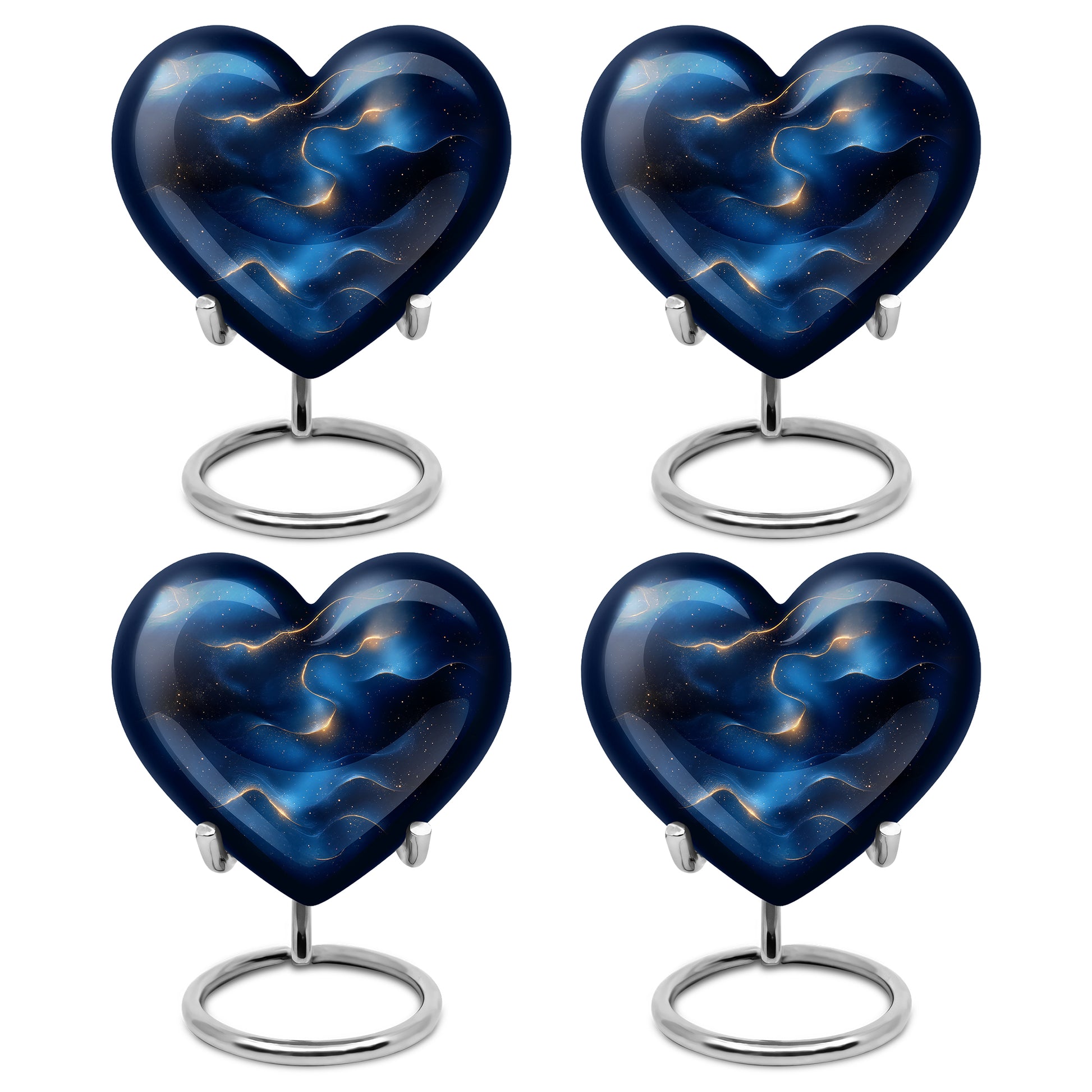Sapphire Blue Blue Cremation Urn angled view of lid and engraved motif - compassionate heart-blue combination with gentle curves - 10 inch aluminum urn for cremated remains